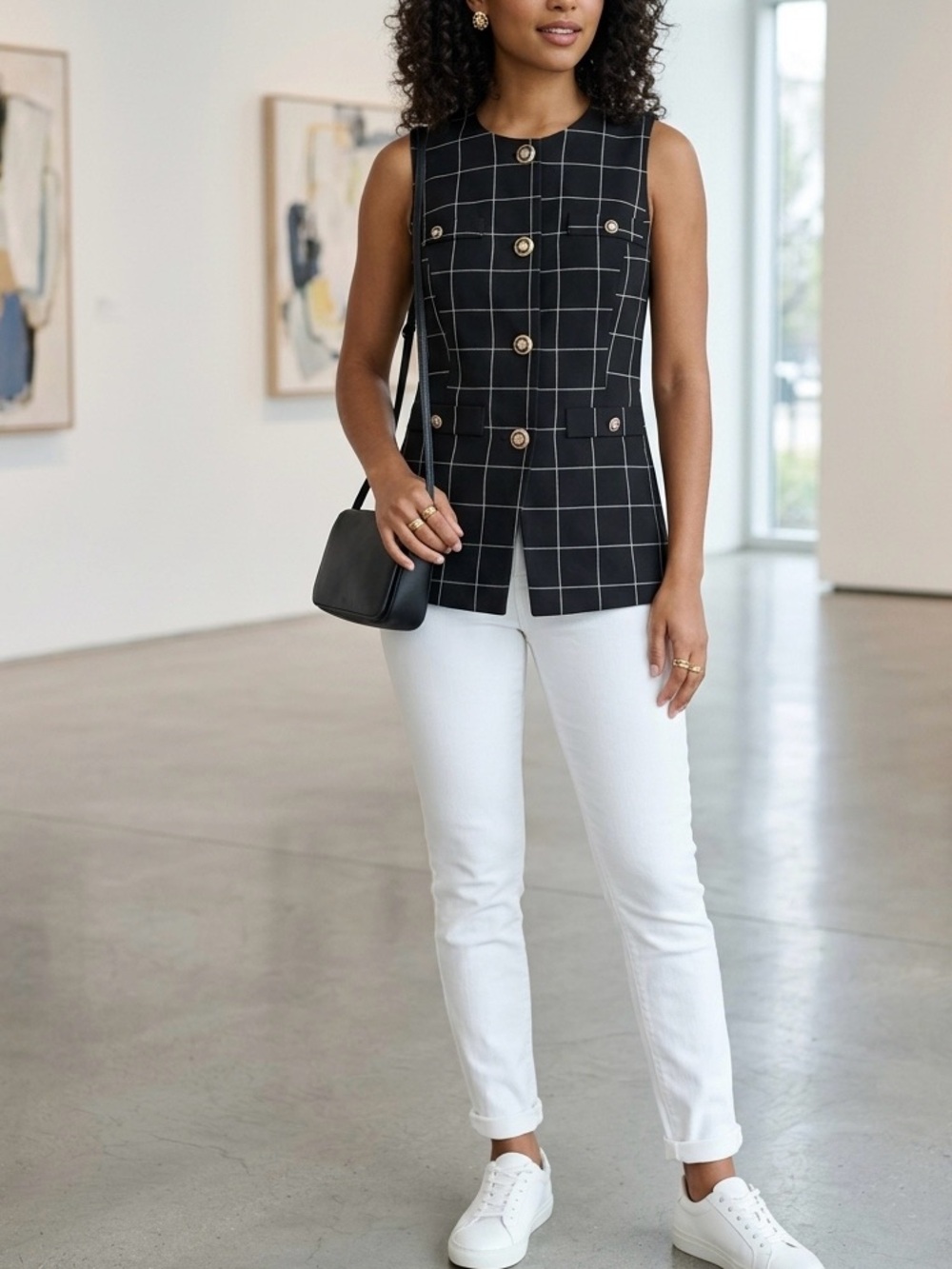 Nicole Miller NWT Plaid Stretchy Vest Crest Buttons XS